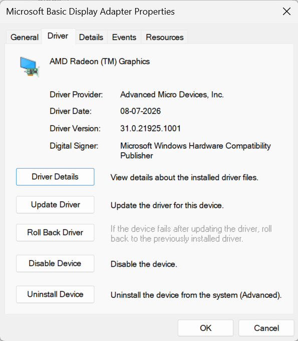 Display driver properties after the update, showing the proper AMD driver