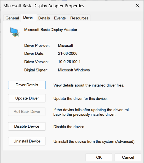 Display driver properties showing Microsoft Basic Display Adapter on the Driver tab